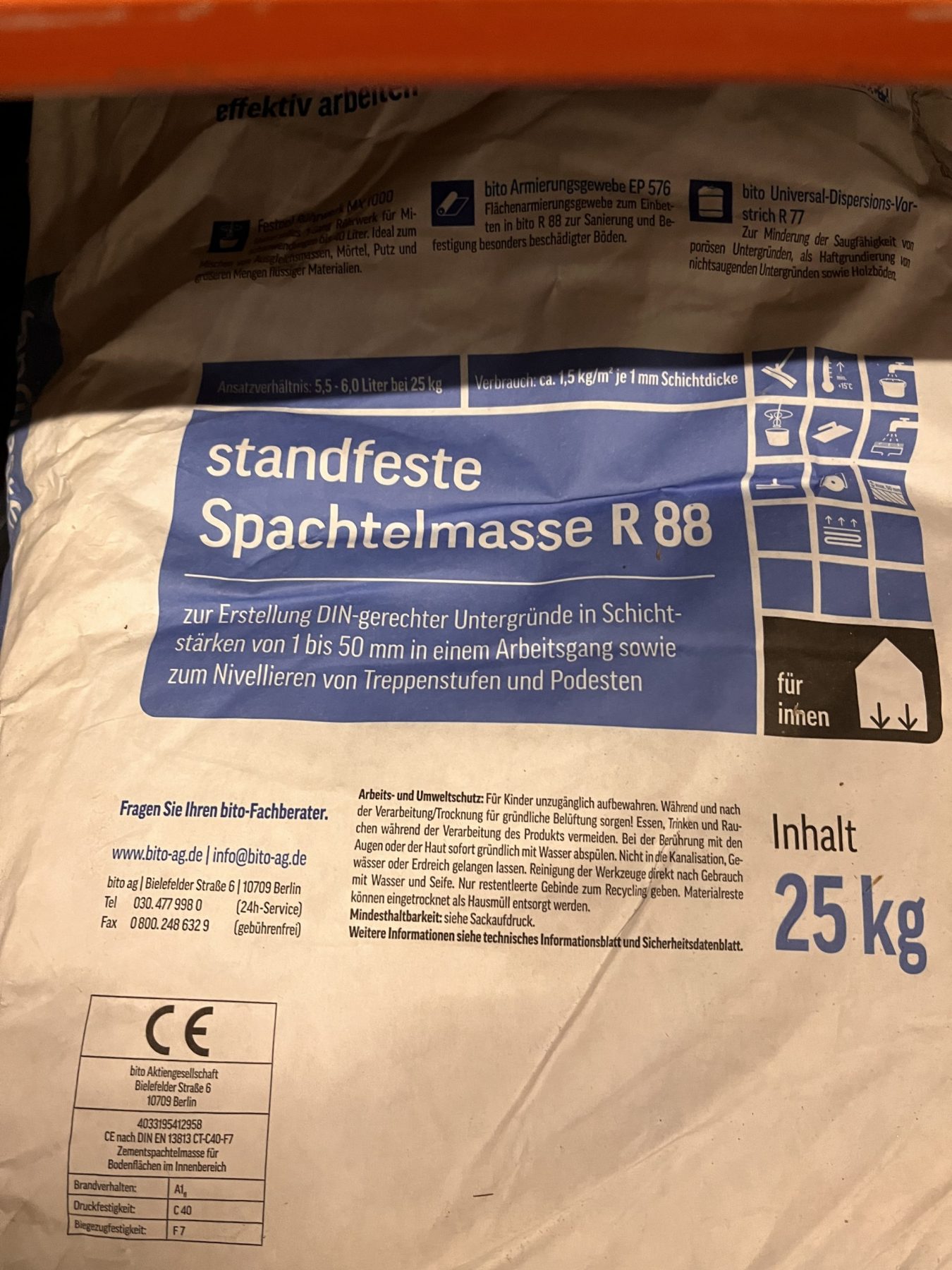 Standfeste Spachtelmasse R88, 25kg, Schichtstärke: 1-50mm in einem Arbeitsgang, Marke Bito