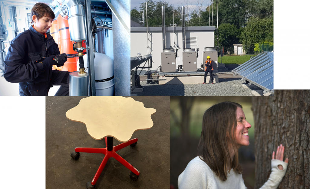 Collage mit vier Fotos: Frau mit Werkzeug, Frau mit Helm, Hocker aus Holz und Frau mit Baum