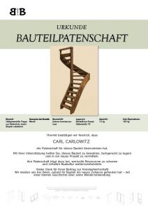 Screenshot einer Urkunde: oben link Logo in Graustufen, grüner Balken mit Überschrift (Urkunde Bauteilpatenschaft), Foto des Bauteils, grüner Balken mit Details, darunter Name des Paten, mehr Text und Bauteil-Zeichnungen
