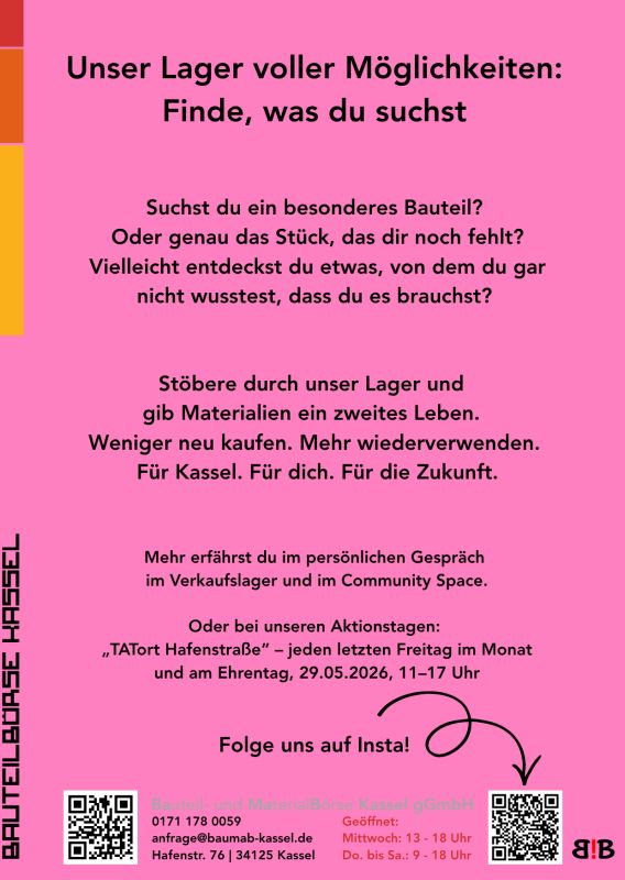 Flyer-Rückseite mit Text, Adressen und QR-Codes